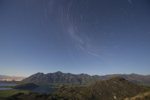 Star trails above Lake Wanaka, New Zealand.