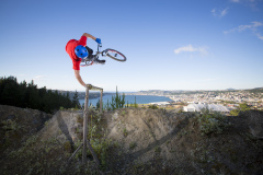 Conor Macfarlane puts his bike through its paces at a secret location overlooking the city, Dunedin, New Zealand.