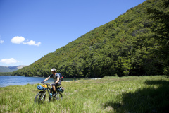Dallas Hewett rides beside the Mavora Lakes, Southland, New Zealand.