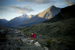 Dallas Hewett hiking with Mount Mavora in the background, Southland, New Zealand.