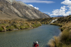Dallas Hewett crossing the Mararoa River, Mavora, Southland, New Zealand.